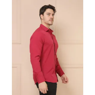 Camisa Slim Masculina Fácil de Vestir Manga Comprida Lisa L001 - Vinho