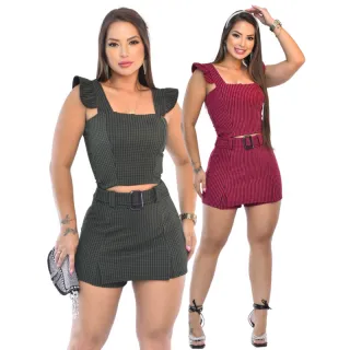 Jacquard Quadriculado Conjunto Croped e Short Saia Feminino - C.S.A Bege Quadriculado