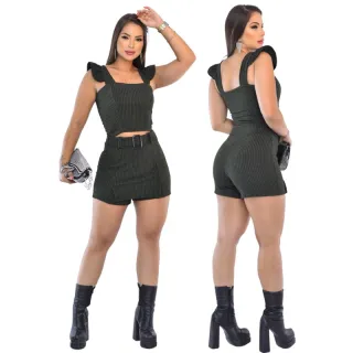 Jacquard Quadriculado Conjunto Croped e Short Saia Feminino - C.S.A Bege Quadriculado