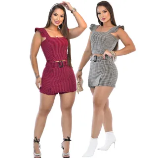 Jacquard Quadriculado Conjunto Croped e Short Saia Feminino - C.S.A Bege Quadriculado