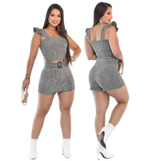 Jacquard Quadriculado Conjunto Croped e Short Saia Feminino - C.S.A Bege Quadriculado