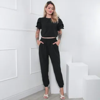 Cropped Manga Babados e Calça Jogger - Conjunto Duna - Rose