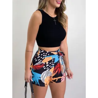 Tricot Canelado Cropped Feminino Kit 3 - 1 Preto 1 Branco 1 Verde Bande