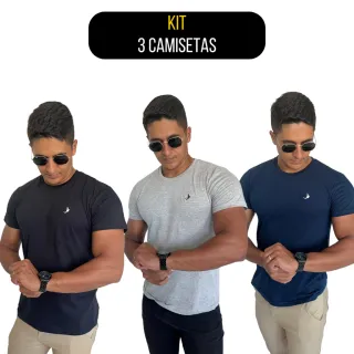 Camisetas Masculina Premium Básica Kit 3 Unidades Manga Curta - Preto, Preto, Preto