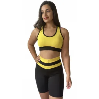 Conjunto Top e Short Fitness Feminino para Academia - PRETO/VERDE LIMA