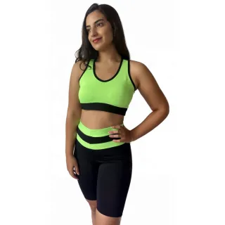 Conjunto Top e Short Fitness Feminino para Academia - PRETO/VERDE LIMA