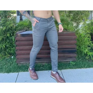 Calça social slim masculina em tecido premium acetinado - Caqui Claro