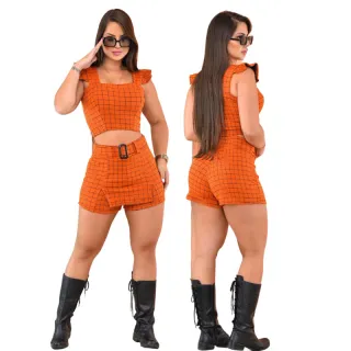 Conjunto Croped e Short Saia Xadrez em Crepe de Malha - C.S.A Laranja Xadrez
