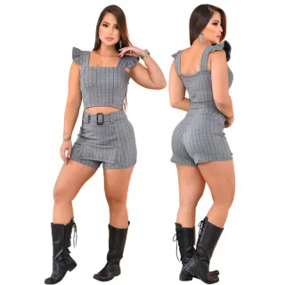Conjunto Croped e Short Saia Xadrez em Crepe de Malha - C.S.A Laranja Xadrez