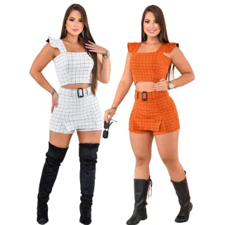 Conjunto Croped e Short Saia Xadrez em Crepe de Malha