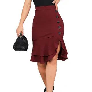 Botões Laterais Babado Duplo Saia Malha Crepe Premium - Marsala