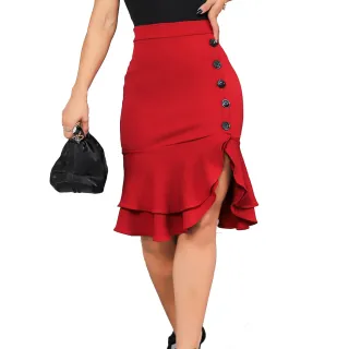 Botões Laterais Babado Duplo Saia Malha Crepe Premium - Marsala