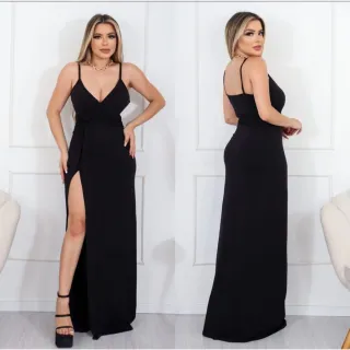Fenda Abertura Vestido Longo Envelope - Eventos, Festas, Casamentos - Preto