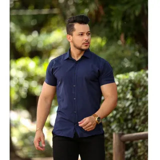 Promoção Camisa Social Slim Masculina Manga Curta - Verde Escuro