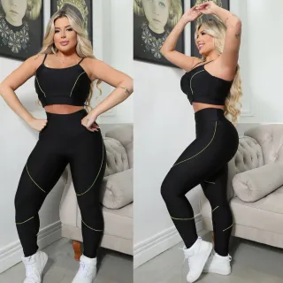 Kit Fitness Feminino Preto: Top + Calça Legging de Academia - Conjunto Basico - DETALHE AMARELO
