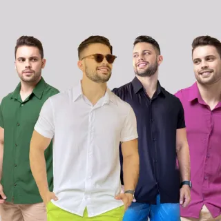 Camisa masculina manga curta em VISCOSE - Cores lisas, botões frontais - Marrom
