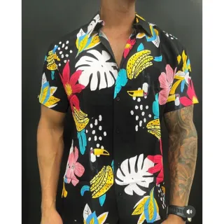 Manga Curta Masculina Estampada Social Camisa - Preto Flowers 4