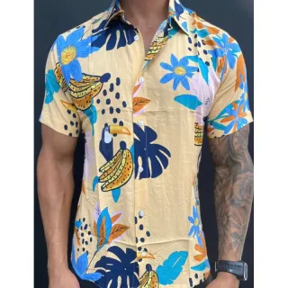 Manga Curta Masculina Estampada Social Camisa - Preto Flowers 4
