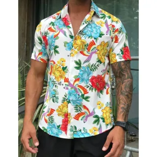 Estampada Verão Masculina Manga Curta Floral Camisa - Laranja florida 1