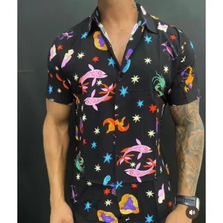 Estampada Verão Masculina Manga Curta Floral Camisa - Laranja florida 1