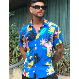 Estampada Verão Masculina Manga Curta Floral Camisa - Laranja florida 1