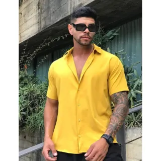 Promoção Verão: Camisa Manga Curta Lisa Masculina de Viscose em oferta - VERDE ESCURO 8