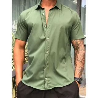 Promoção Verão: Camisa Manga Curta Lisa Masculina de Viscose em oferta - VERDE ESCURO 8