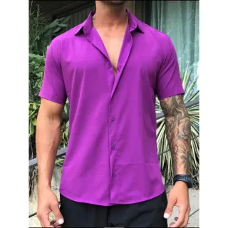 Promoção Verão: Camisa Manga Curta Lisa Masculina de Viscose em oferta - VERDE ESCURO 8