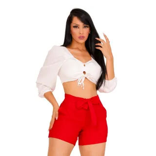 Bolso e cinto no short feminino de linho - Laranja