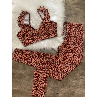 Calça Legging com Top Fitness Conjunto Babado - Preto