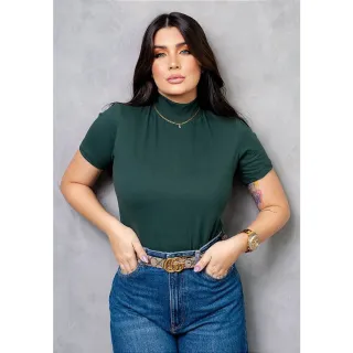 T-shirt Lisa Feminina Gola Alta Zara Basic 100% Algodão - Verde Militar