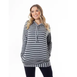 Promoção Blusa de Frio Feminina Premium Listrada com Capuz - CINZA C/ PRETO