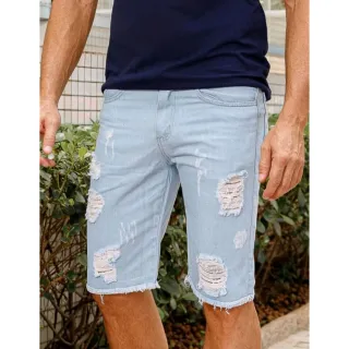 Promoção Bermuda Jeans Masculina Rasgada Lisa - Enviamos hoje - Jeans Liso Claro