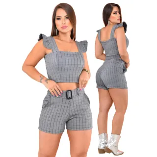 Croped e Short Xadrez Feminino: Conjunto com Bolso, Cinto Fake e Fivela - C.S PRETO2 xadrez