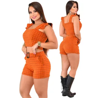 Croped e Short Xadrez Feminino: Conjunto com Bolso, Cinto Fake e Fivela - C.S PRETO2 xadrez