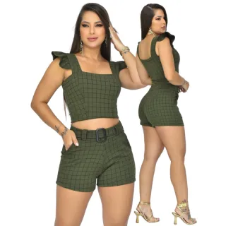 Croped e Short Xadrez Feminino: Conjunto com Bolso, Cinto Fake e Fivela - C.S PRETO2 xadrez