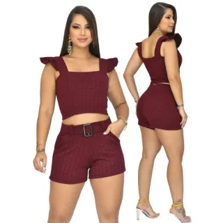 Croped e Short Xadrez Feminino: Conjunto com Bolso, Cinto Fake e Fivela - C.S PRETO2 xadrez