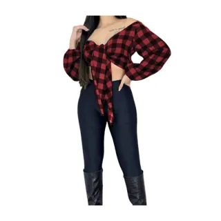 Manga Bufante Xadrez - Top Cropped Tendência Festa Junina - VERMELHO/PRETO