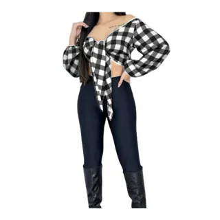 Manga Bufante Xadrez - Top Cropped Tendência Festa Junina - VERMELHO/PRETO