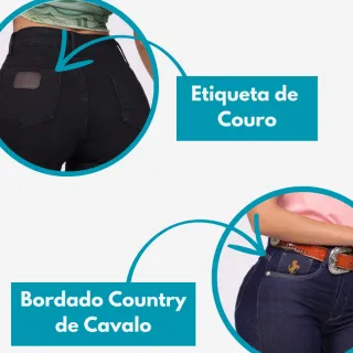 Cowtry Calça Jeans Feminina Cós Alto Rodeio com Lycra - JEANS COUNTRY ESCURO