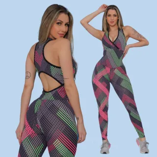 Conjunto Treino Suplex Power Macacão Feminino Fitness Academia - Multicolorido Aleatório