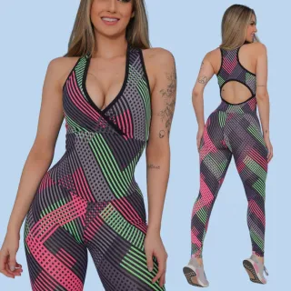Conjunto Treino Suplex Power Macacão Feminino Fitness Academia - Multicolorido Aleatório