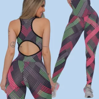 Conjunto Treino Suplex Power Macacão Feminino Fitness Academia - Multicolorido Aleatório