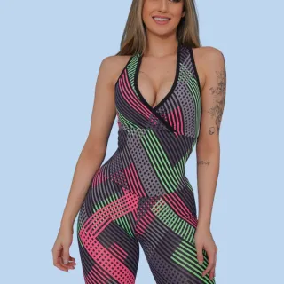 Conjunto Treino Suplex Power Macacão Feminino Fitness Academia - Multicolorido Aleatório