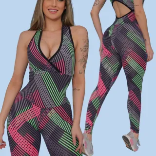Conjunto Treino Suplex Power Macacão Feminino Fitness Academia - Multicolorido Aleatório