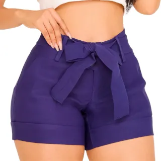 Shortinho Feminino Cintura Alta Laço Bengaline Curto - Preto