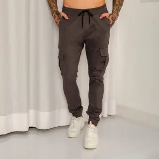 Calça Jogger Masculina com punho em jeans sarja - Modelo Cargo - Cinza
