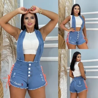 Cadarço Trançado em Jardineira Jeans Cintura Alta - JEANS CLARO