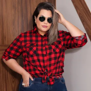 Camisa Xadrez Plus Size Feminina Manga Longa em Viscose - Vermelho