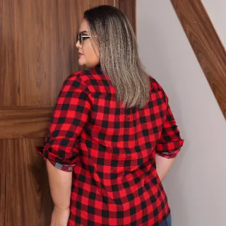 Camisa Xadrez Plus Size Feminina Manga Longa em Viscose - Vermelho